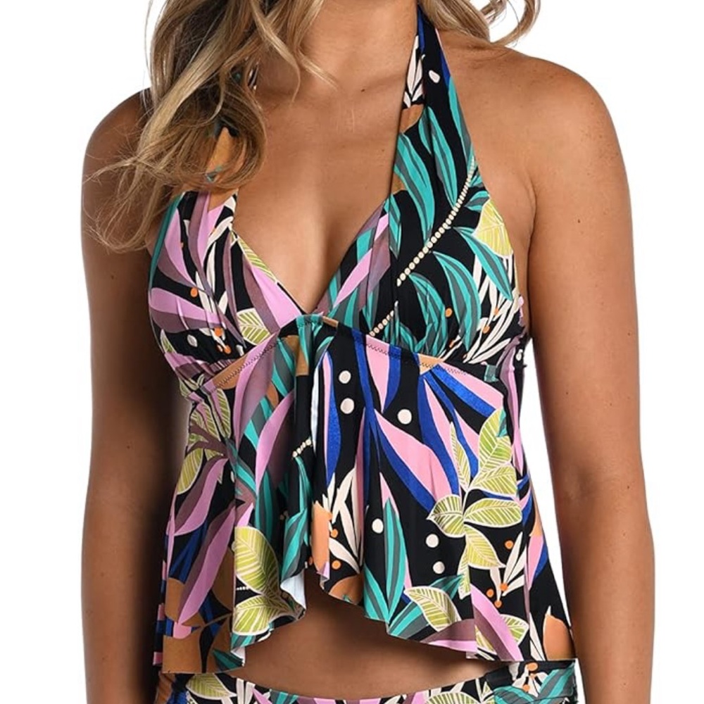 AMAVI Halter Ruffle Tankini Tropical Jungle Print L